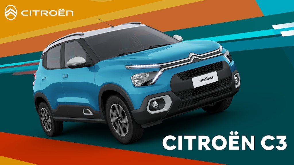 Citroën C3 Azul con fondo de colores